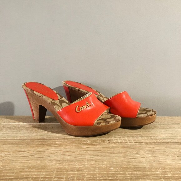 Coach Shoes Kathie Size 6.5 Orange Gold Brown Leather Signature Logo Chestnut - Picture 1 of 12